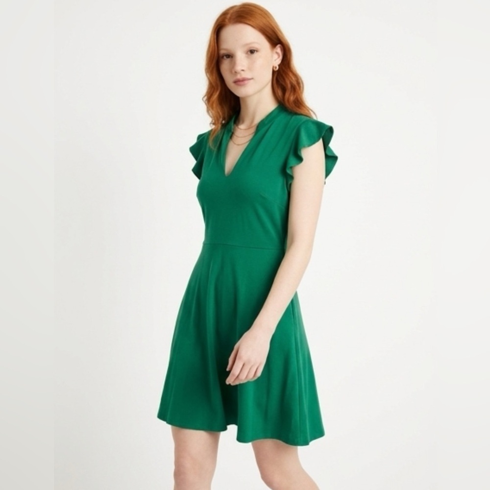 New York & Company Like New Ruffled Sleeve Fit & Flare Dress in Emerald Medium